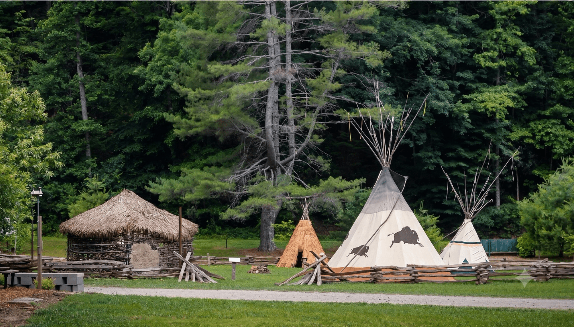 The living-history village at Camp Old Indian, with tipis and a thatched shelter against the forest