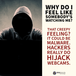 Hooded figure at laptop warning about webcams
